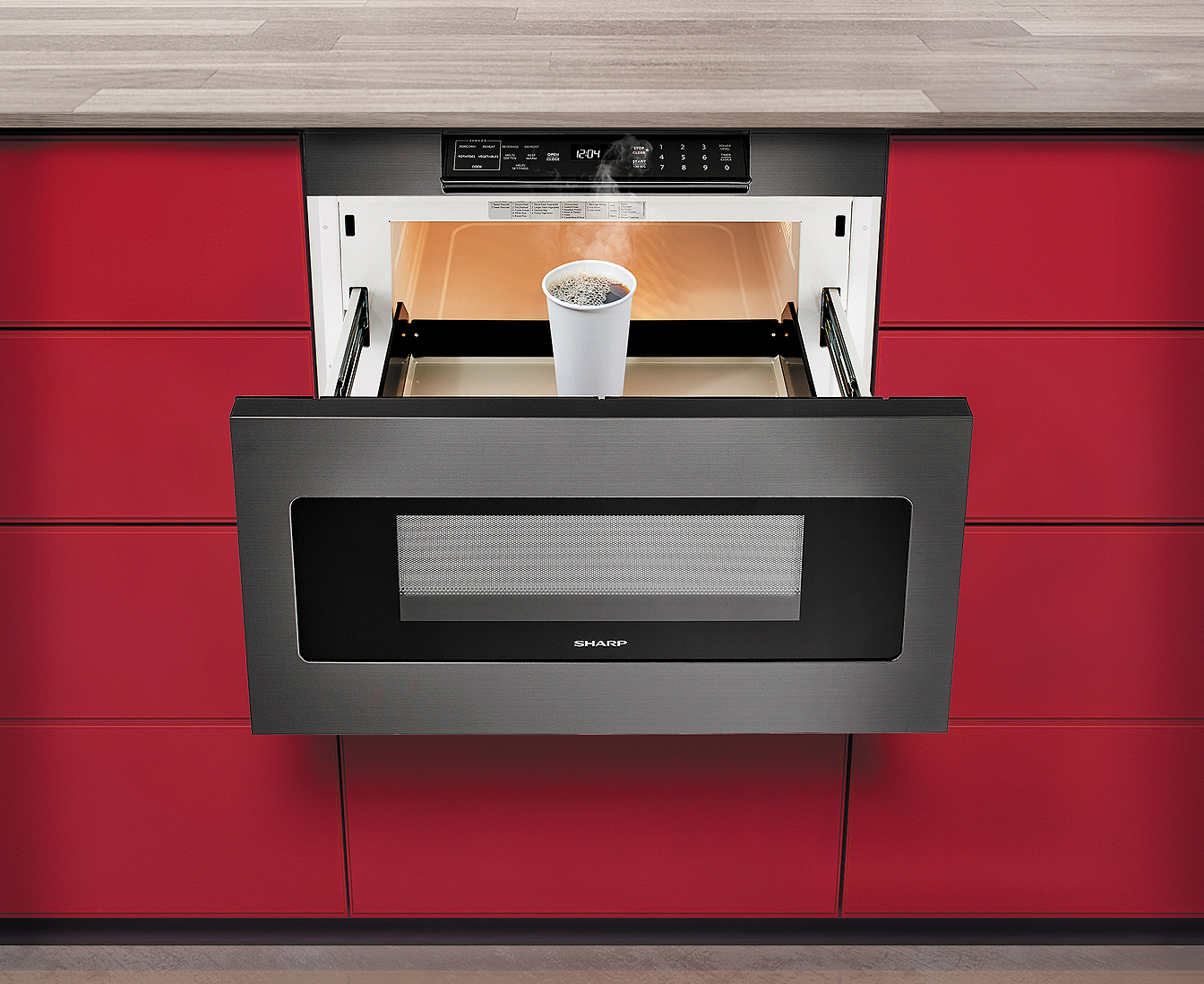 SMD2477AHC 24-Inch Sharp Microwave Drawer Hidden Controls open with coffee inside