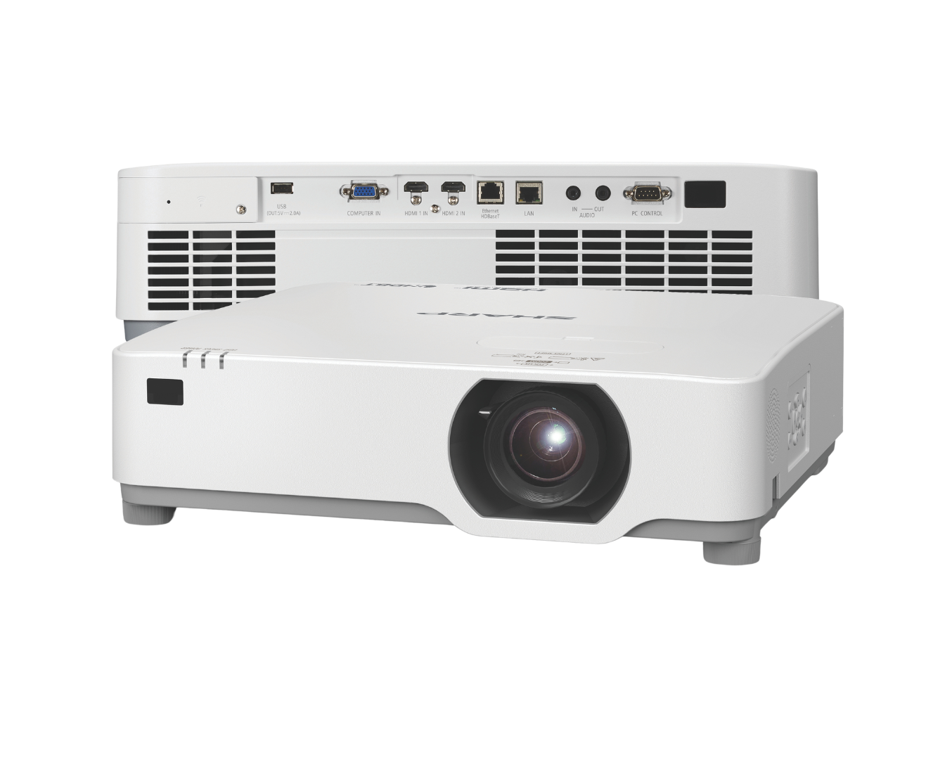white projector angled with another projector behind showing inputs