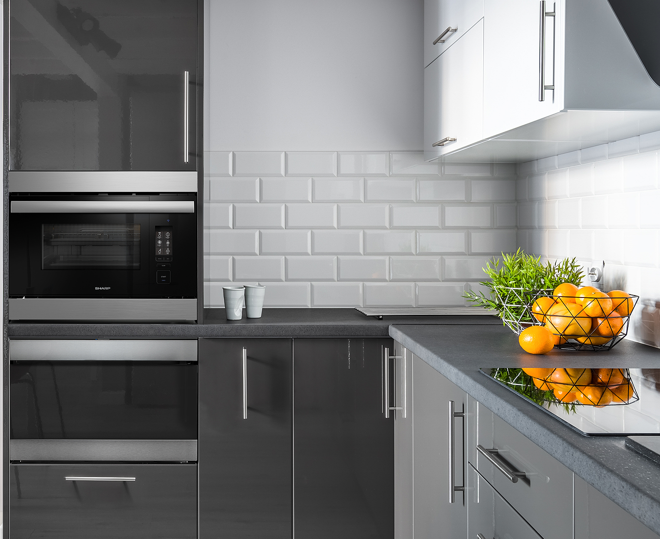 SMD2489ESC Sharp Stainless Steel Microwave Drawer in kitchen with stainless steel appliances