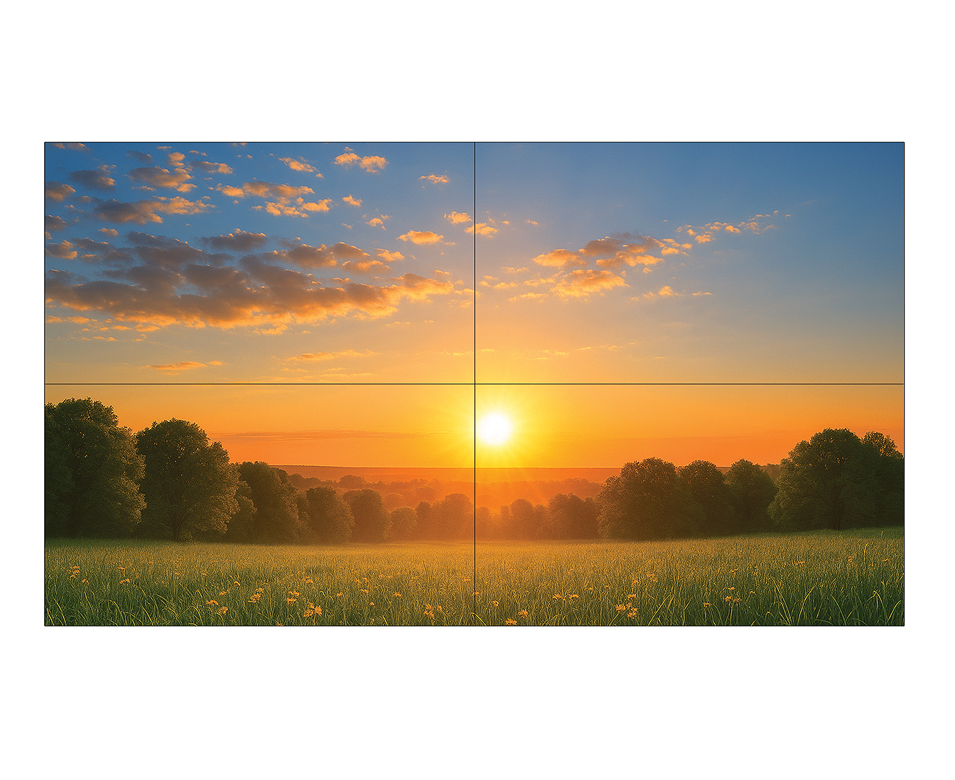 video wall showing a sunset