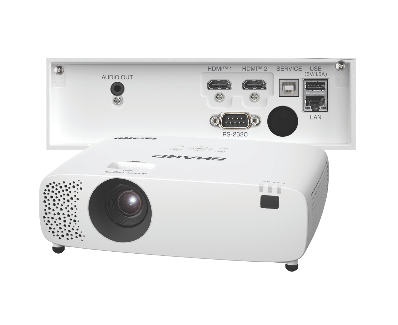 white projector on an angle with the same projector behind but showing inputs
