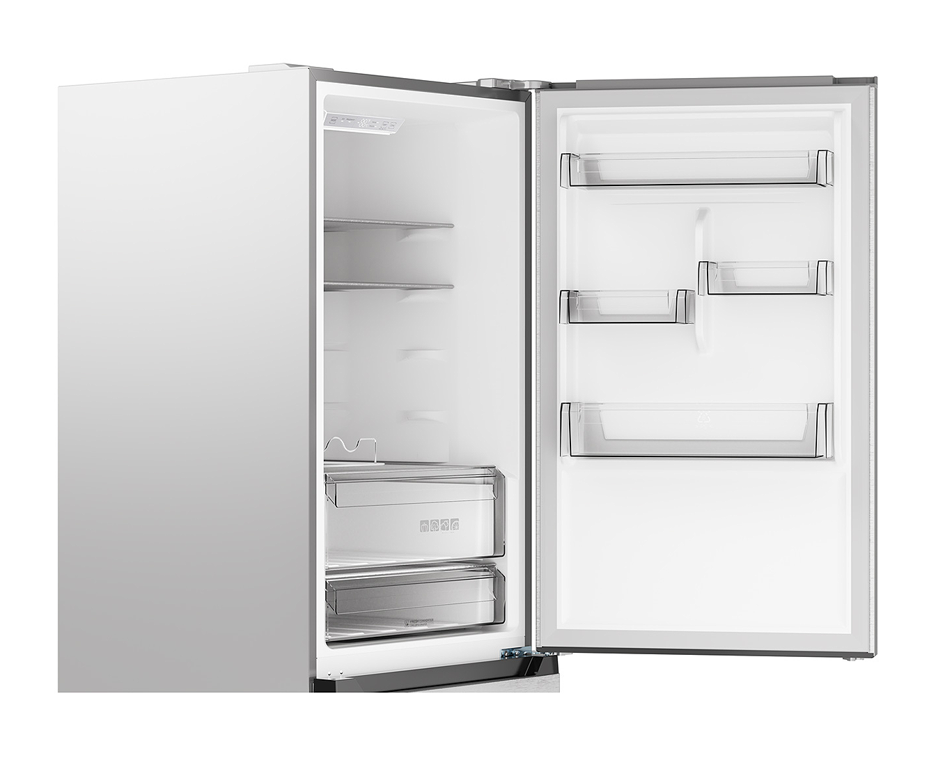 A Sharp 24-inch counter depth refrigerator with its door open