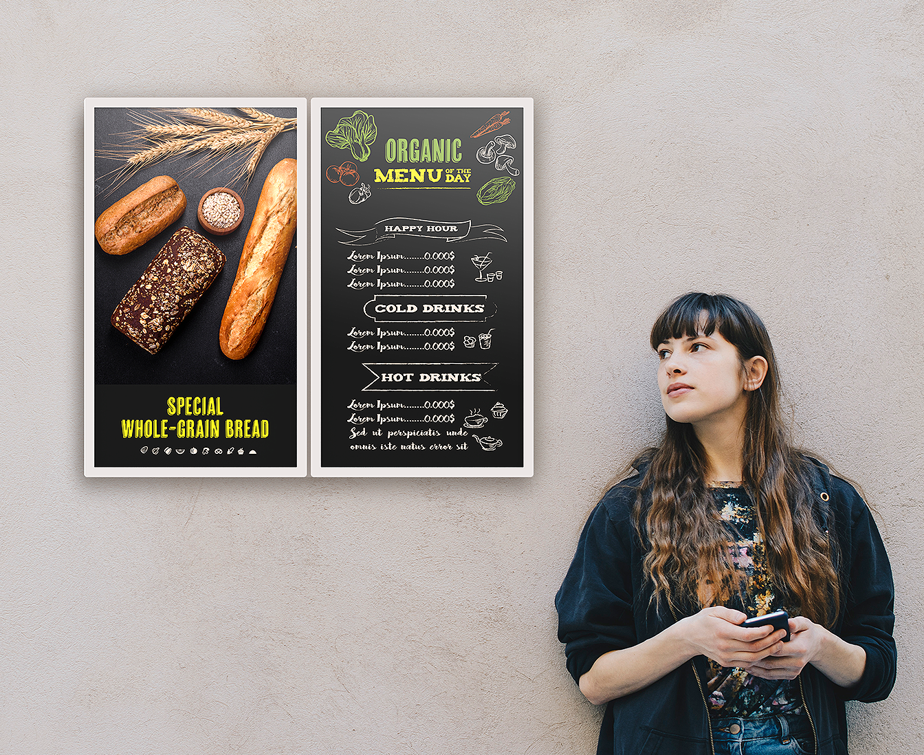 epaper with someone standing beside drinking coffee. Display showing a menu.