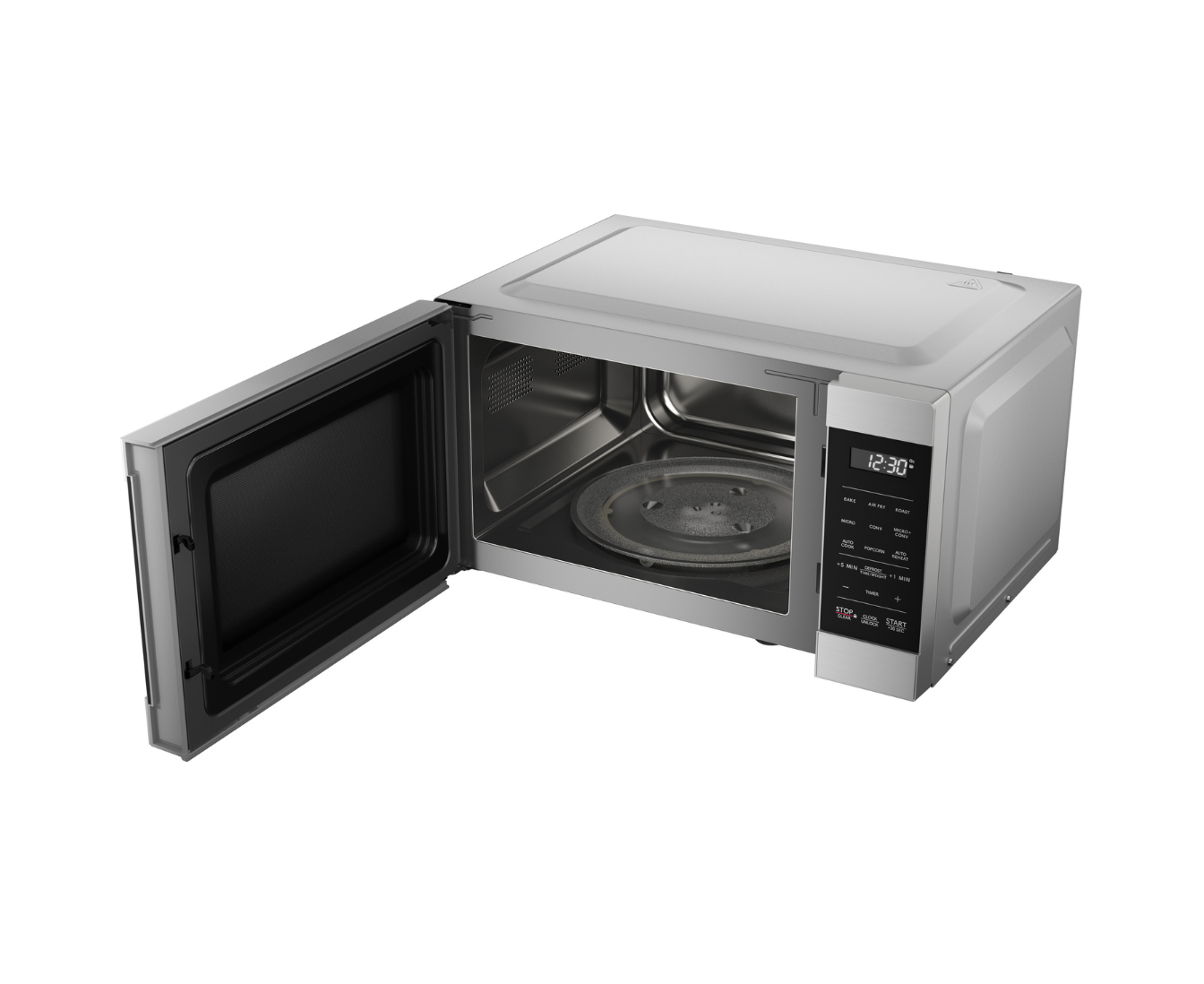 microwave on an angle with the door open