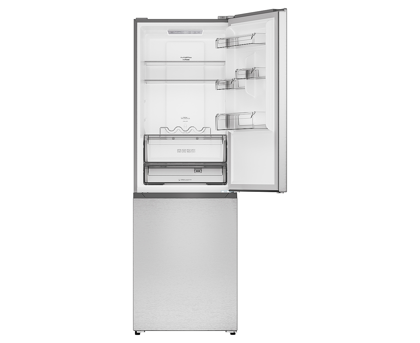A Sharp 24-inch counter depth refrigerator with its door open and bottom freezer