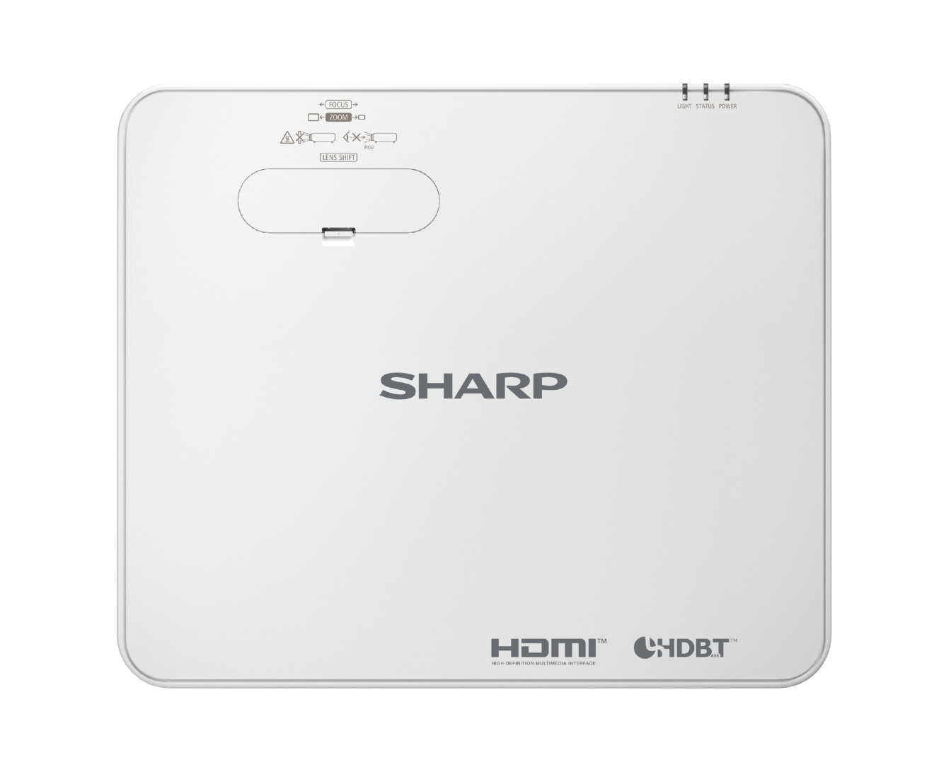 white projector showing top view with sharp logo