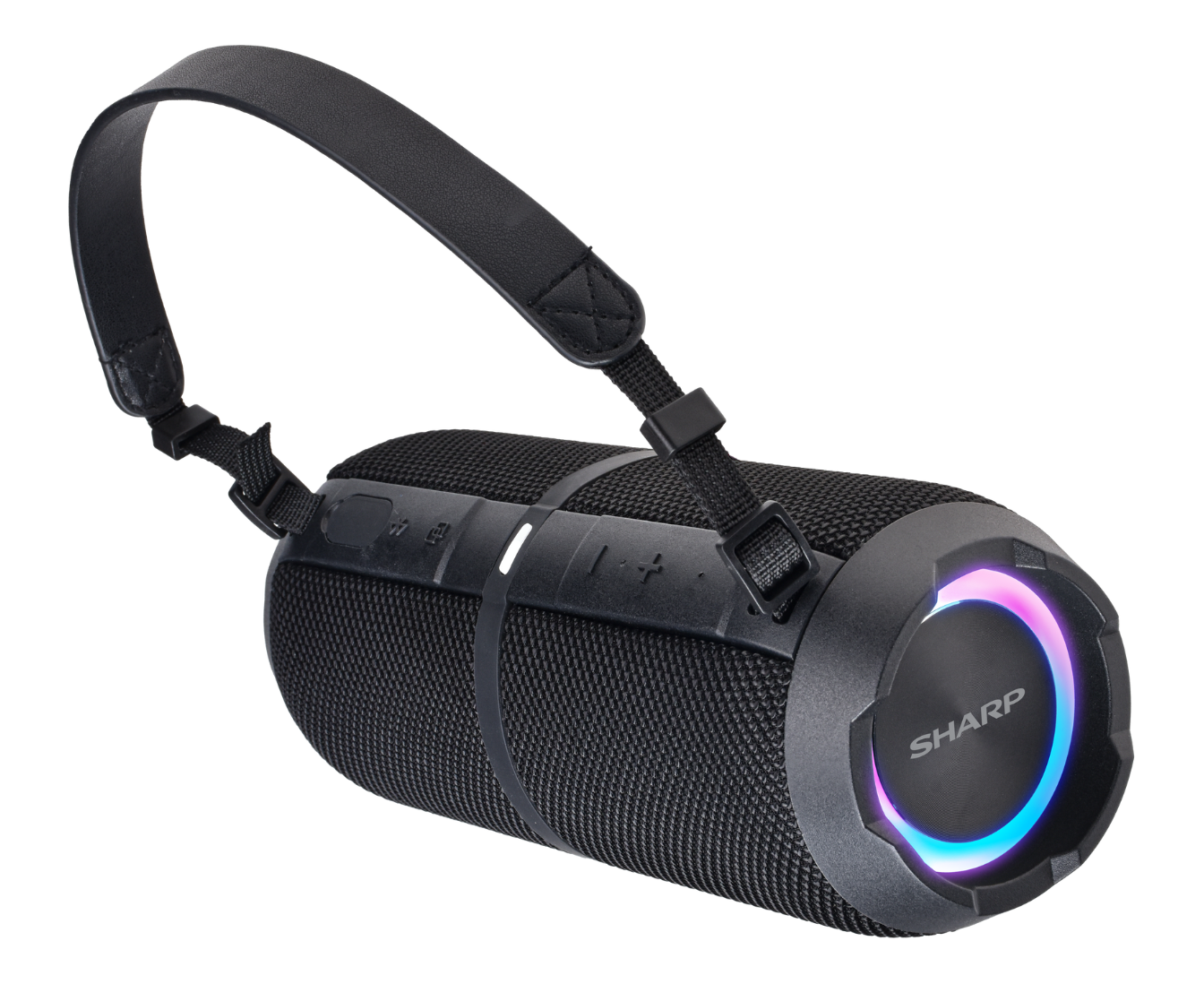 speaker shown on left with strap