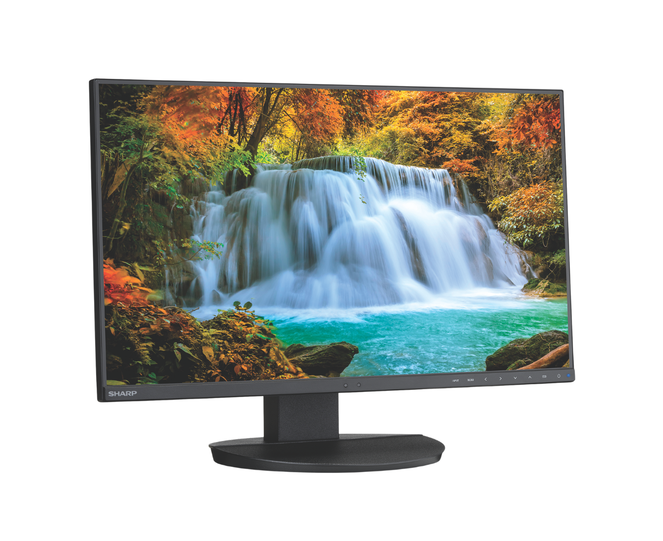 desktop monitor on an angle with a waterfall on screen