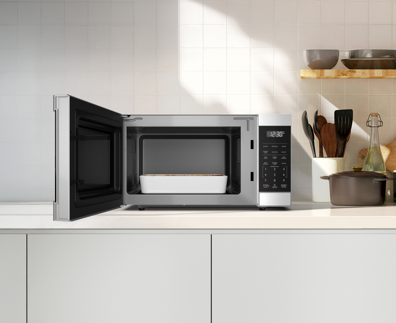microwave on the countertop in a kitchen