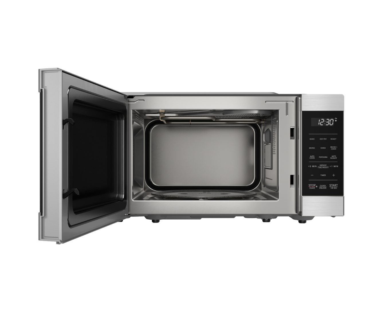 front view of the microwave with door open