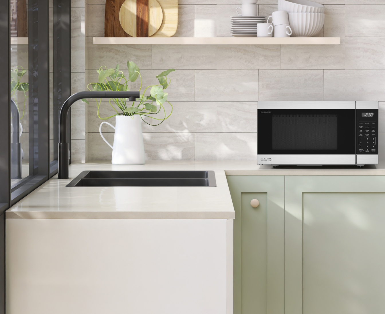 microwave on the countertop in a small kitchen