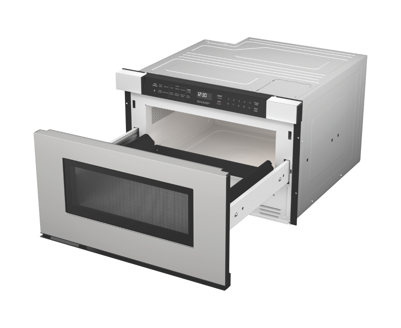 front view of the microwave with door open
